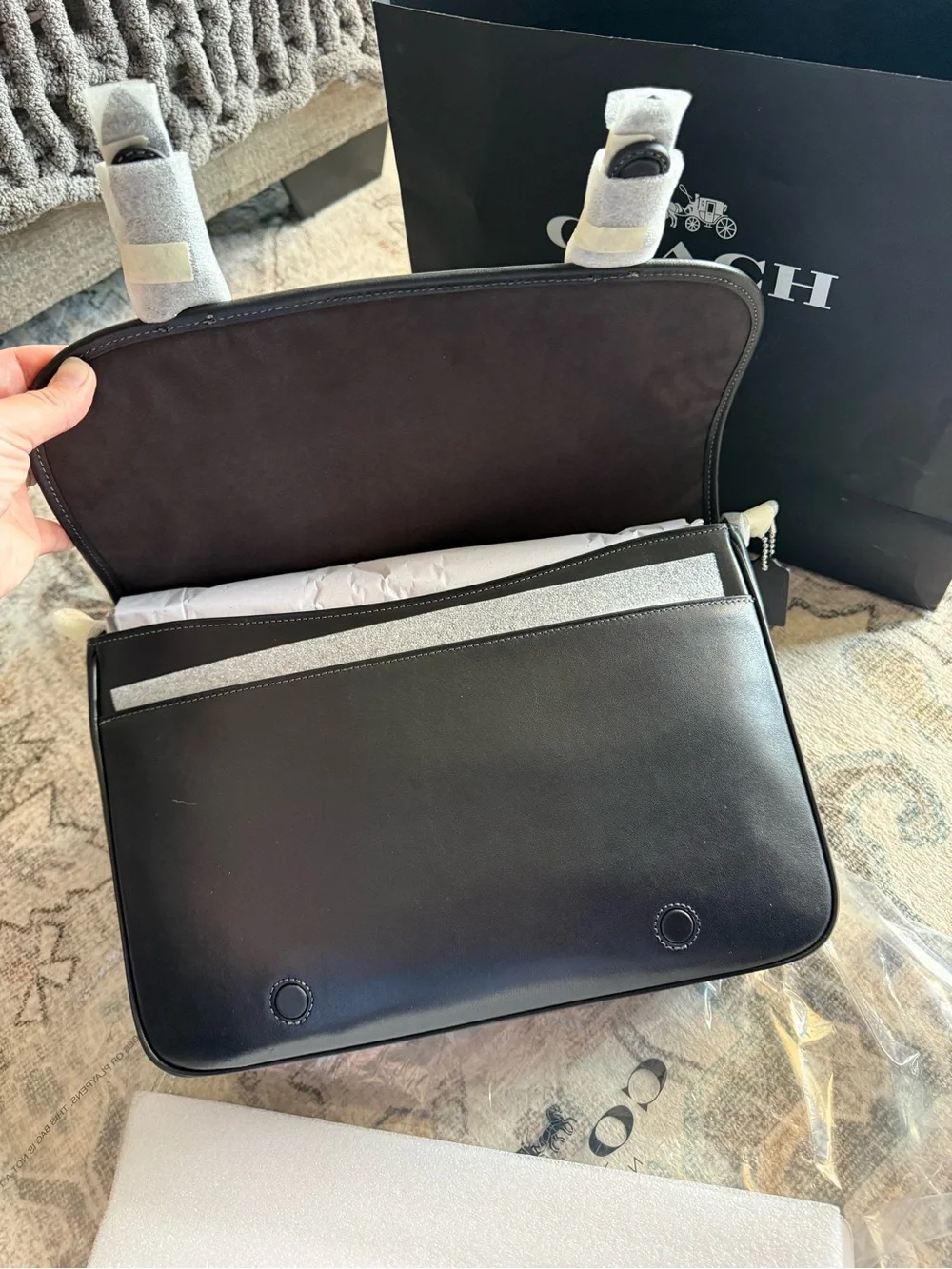 Coach Black Hitch Leather Messenger Bag with Silver-Tone Hardware
